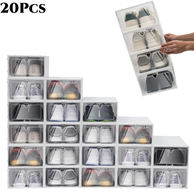 20X Clear Plastic Shoe Storage Box Stackable Foldable Trainers Organiser