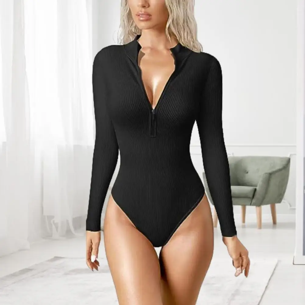 

Women Spring Fall Bodysuit Zipper Stand Collar Skinny Elastic Knitted Soft Solid Color Breathable Ribbed One Piece Lady Playsuit