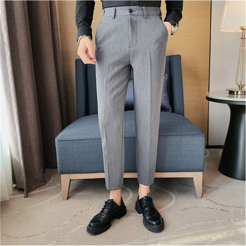 

Men's Solid Color Cropped Suit Pants with Elastic Waistband, Perfect for Spring/Summer Casual Wear Suit Pants (Nine-Point Pants)