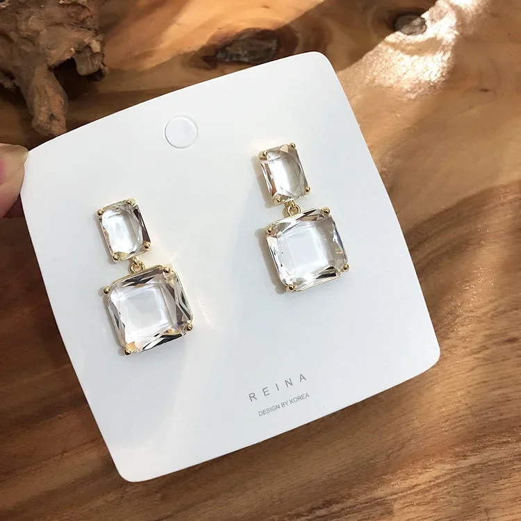 Korean New Design Fashion Jewelry Double Square Earrings Luxury Transparent Glass Crystal Party Earrings for women gift crystal earrings
