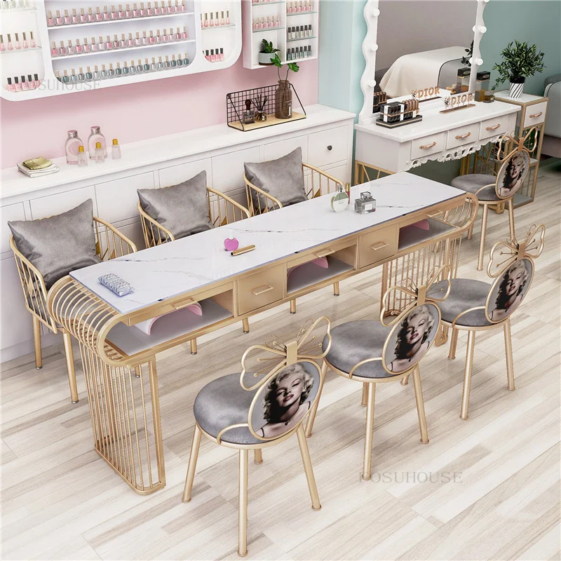 Nordic Marble Nail Table and Chair Set Modern Single Double Manicure Shop Table with Vacuum Cleaner Professional Manicure Tables