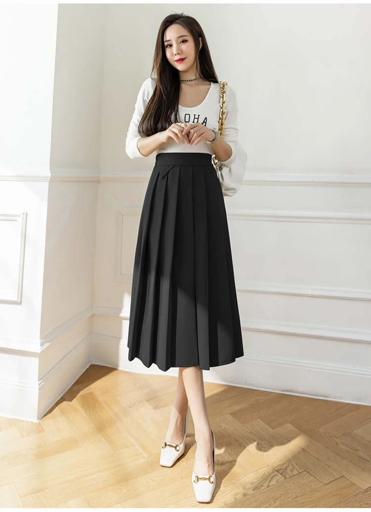 2022 Spring Summer Women's Elegant Pleated Suit Skirts High Waist Fashion Office Ladies Elastic Waist A-line Midi Skirt Vintage brown skirt