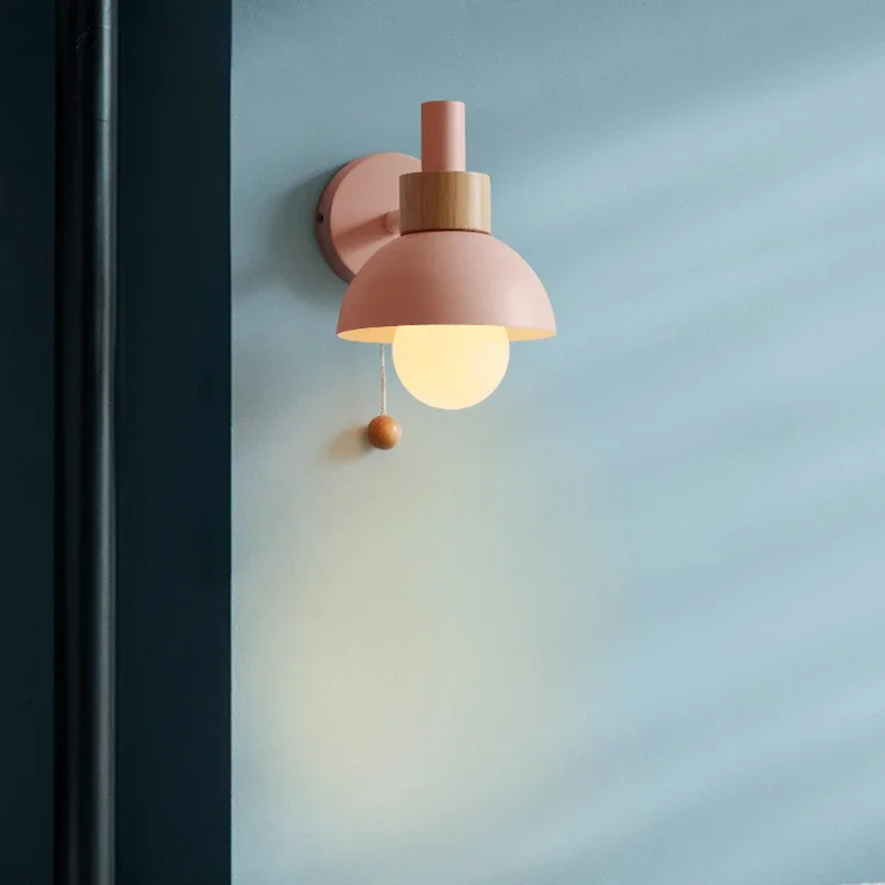 Modern Wall Lamp Nordic Home Decor Wood And Metal Paint Colorful Sconce Light Simple Restaurant Cafe Bar Lustre With Pull Switch