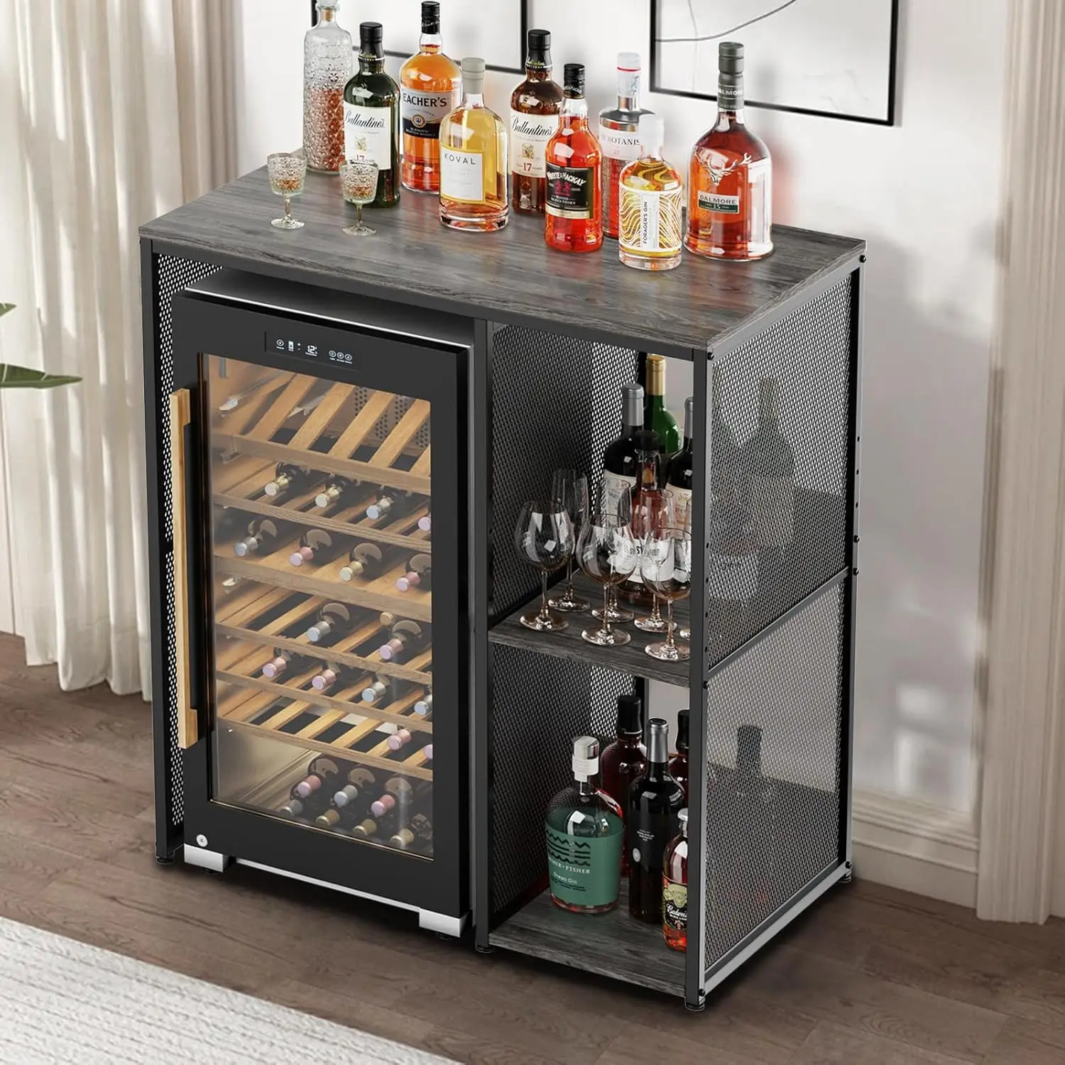 3-Tier Coffee Bar Cabinet with Mini Fridge Space, Heavy-Duty Rustic Grey Microwave Stand Baker Rack, Utility Storage