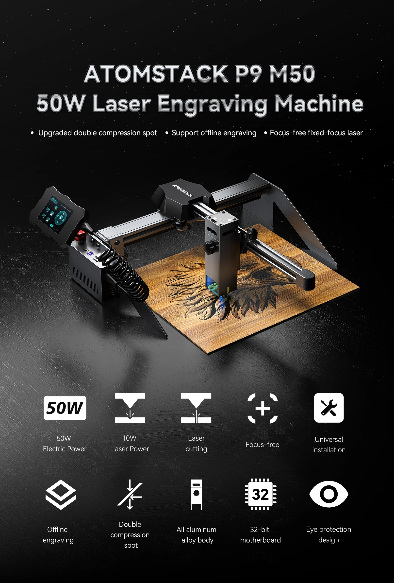 ATOMSTACK P9 M50 PRO 40W CNC Laser Engraving Cutting Machine 220*250mm Area Cutting For Wood Metal Motherboard Offline Mark