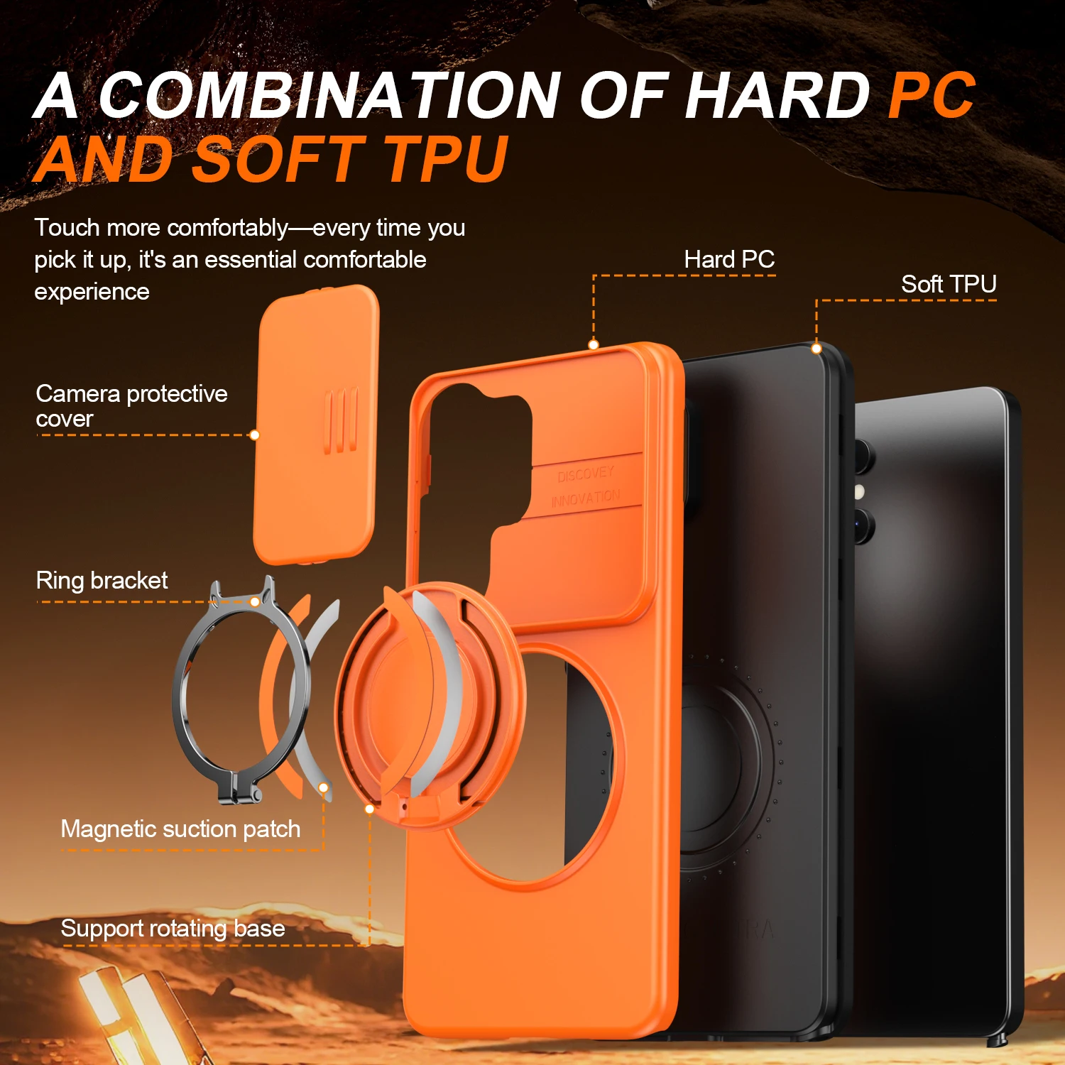 Magnetic Ring Stand Phone Case with Slide Camera Lens Protection and Durable Hybrid Design