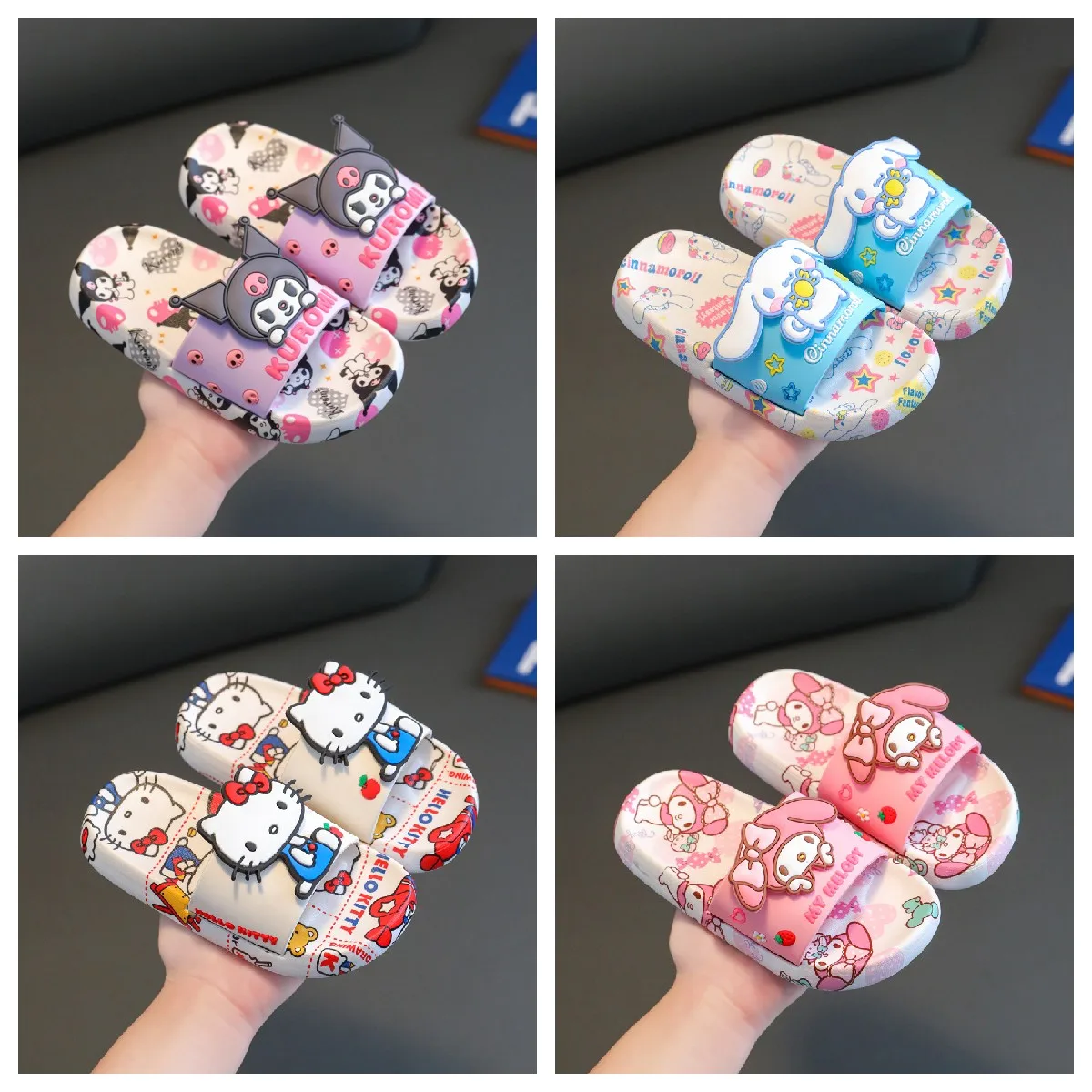 New Sanrio Kuromi Slippers Kawaii Cartoon Hello Kitty My Melody Cinnamorroll Lovely Children Home Print Sandal Children Gift