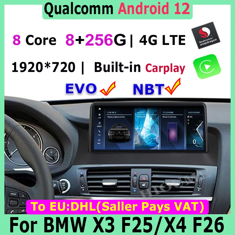 

8G+256G Snapdragon Car Multimedia Player for BMW X3 F25 X4 F26 CIC NBT 12.5"/10.25" Android 12 Headunit GPS Navigation Autoradio