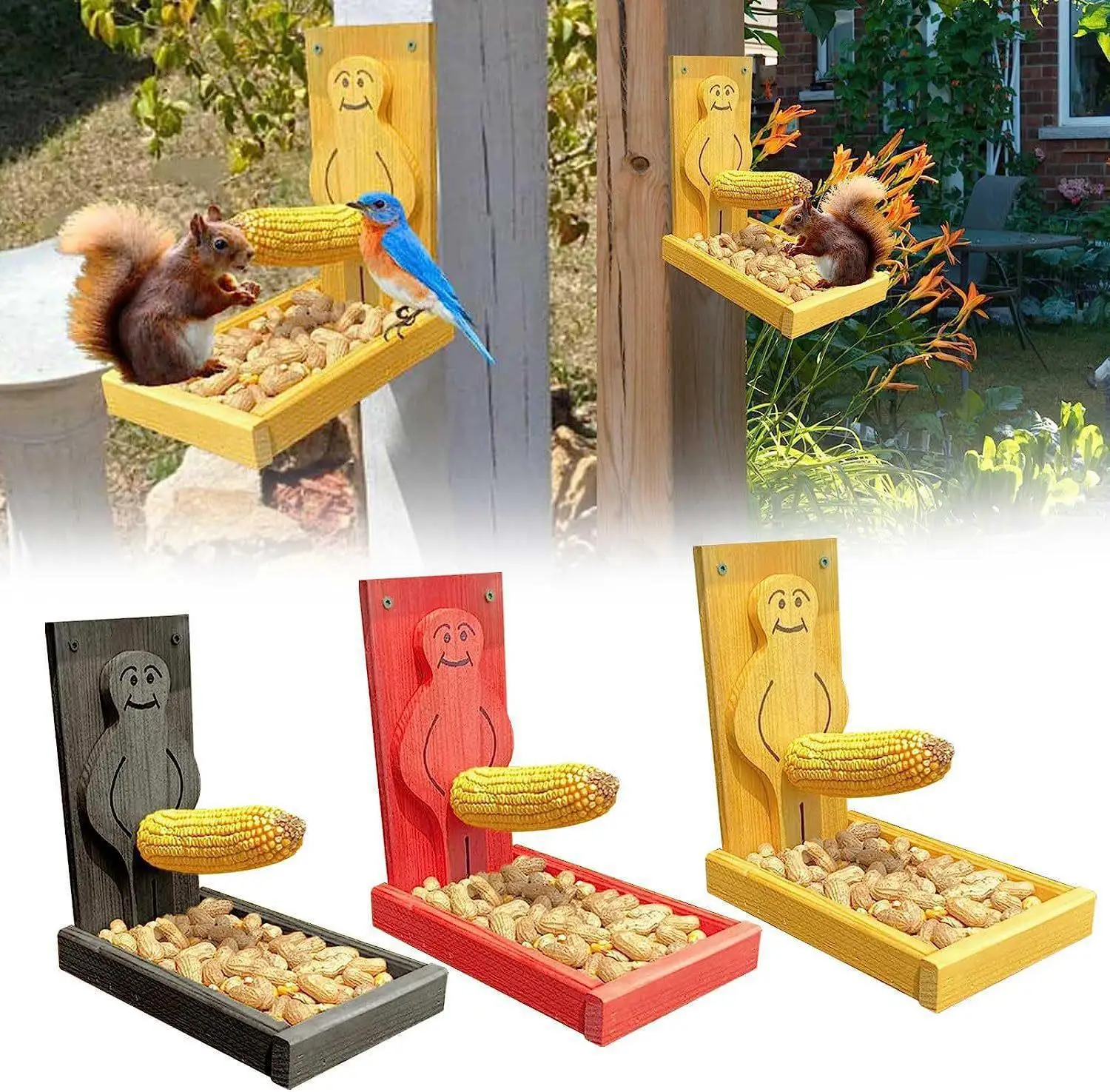 

Wooden squirrel wild bird feeder