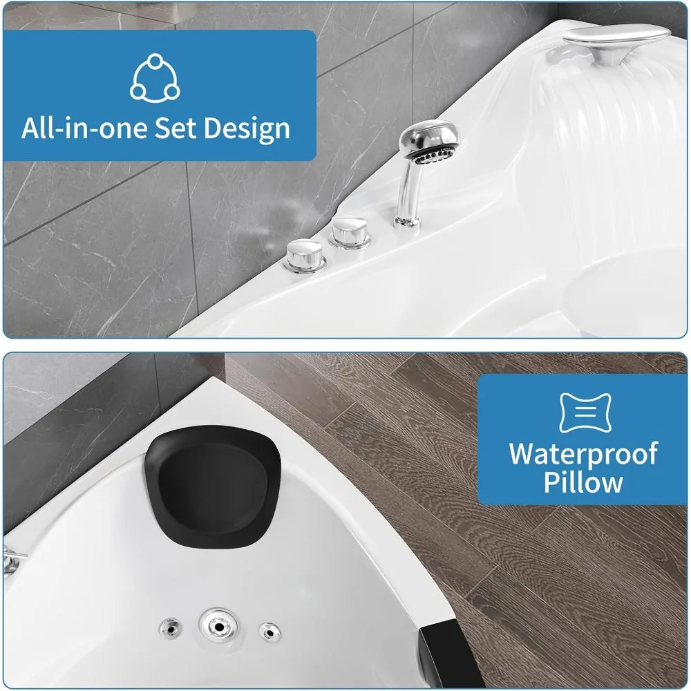 Acrylic Whirlpool Bathtub - Fan Shaped Corner Back to Wall Freestanding Whirlpool Tub, Therapy Hydro-Massage Soaking Tub with 3