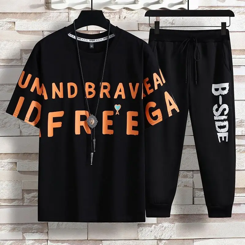 thumbnail image 1 of Conjuntos de ropa para hombre, camiseta de verano, pantalones de gimnasio, chándal con estampado para hombre, pantalones básicos de moda, chándal con alfabeto 5xl, 1 of 5
