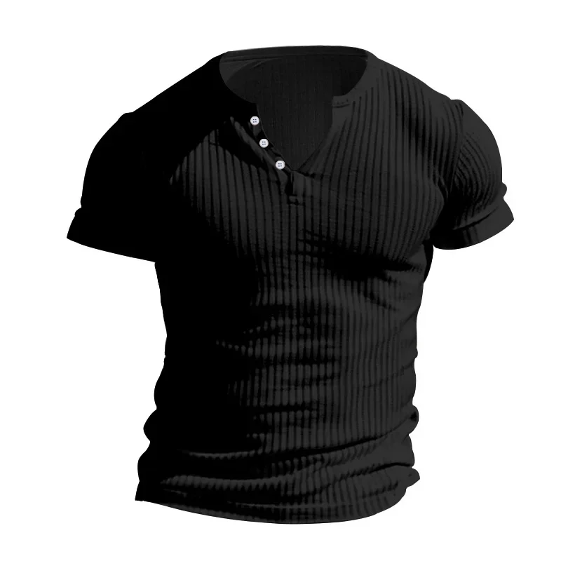 【SATIIIZ】End Henry Neck Short Sleeve T-Shirt XYTHFZD Men's Shirt Button Henry Collar Short-Sleeved