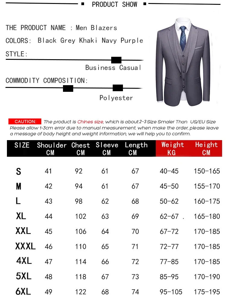 Mens Suit 2 Suit 3 Pieces Set Jacket Vest Pants