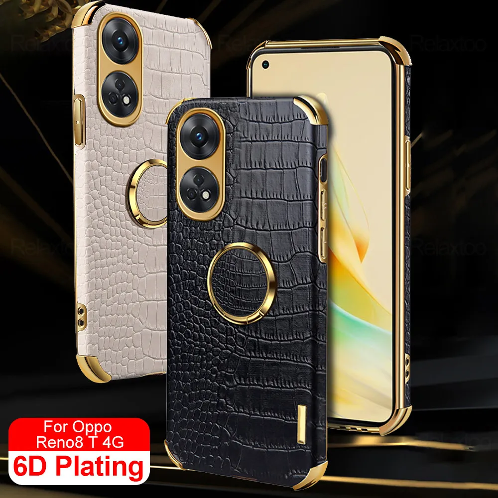 For Oppo Reno8 T 4G Case Car Magnetic Ring Stand Leather Coque Opo Orro Reno8T Reno 8T 8 T T8  Plating Camera Protect Soft Cover