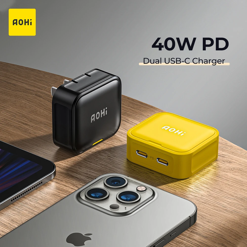 

AOHI Magcube 40W USB C Charger Fast Charging Foldable Charger Dual Type C Ports PPS PD Quick Charge for iPhone 14 13 Pro Max Mac