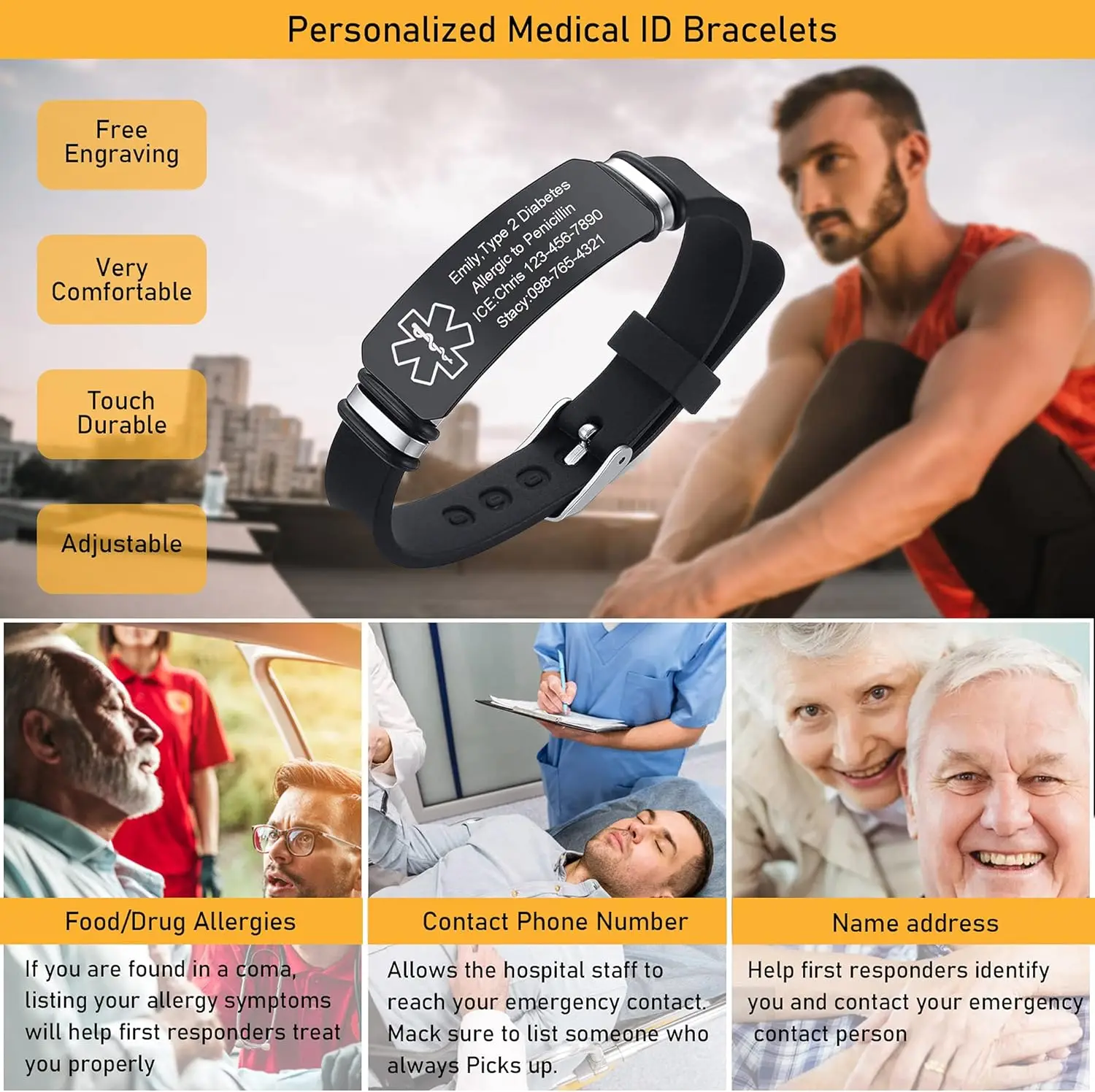 Male and Female Children's Medical Alarm Bracelets Free Carving