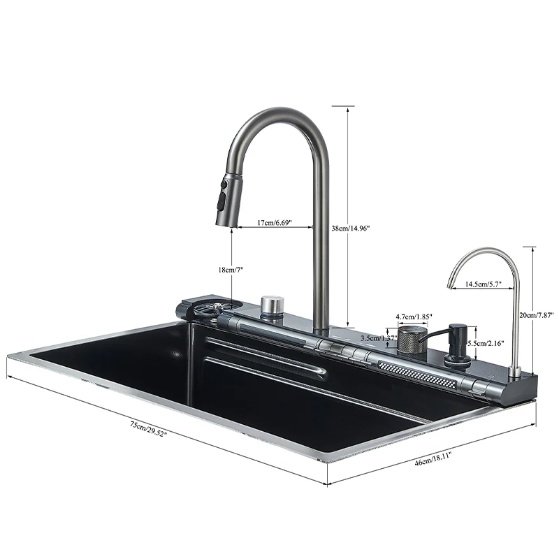 Grey Stainless Steel Waterfall Kitchen Sink Large Single Slot Integrated Digital Display Faucet Set Soap Dispenser Cup Washer 6