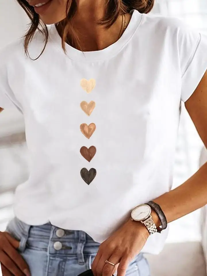 Women's Cute Heart Print Short Sleeve T-Shirt - Casual Valentine's Day Graphic Tee Top - View #10
