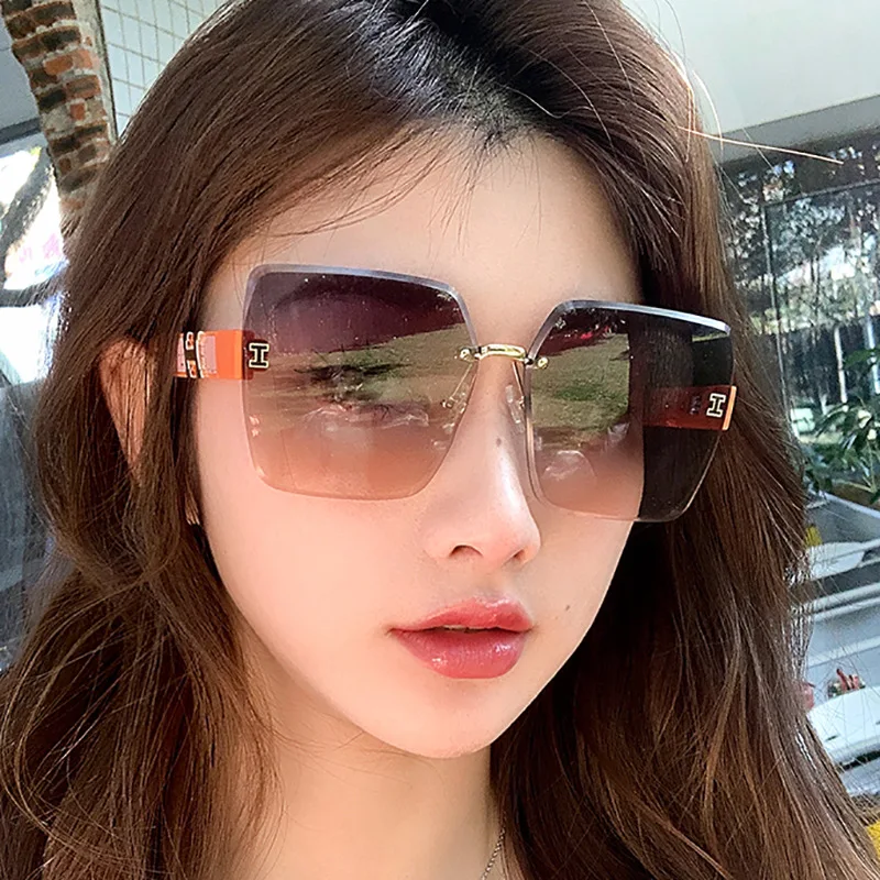 남녀공용 무테 선글라스, 오버사이즈 스퀘어 쉐이드 안경, 더블 브릿지 그라데이션 UV400 선글라스, 패션 신제품