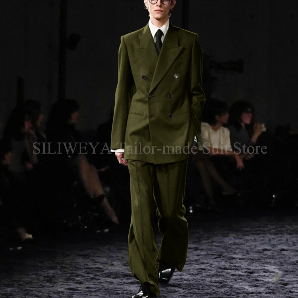 Smart Causal Grey Suit For Men Double Breasted Peak Lapel Loose 2 Piece Jacket Pants Office Daily Prom Terno Masculinos Completo mens suit
