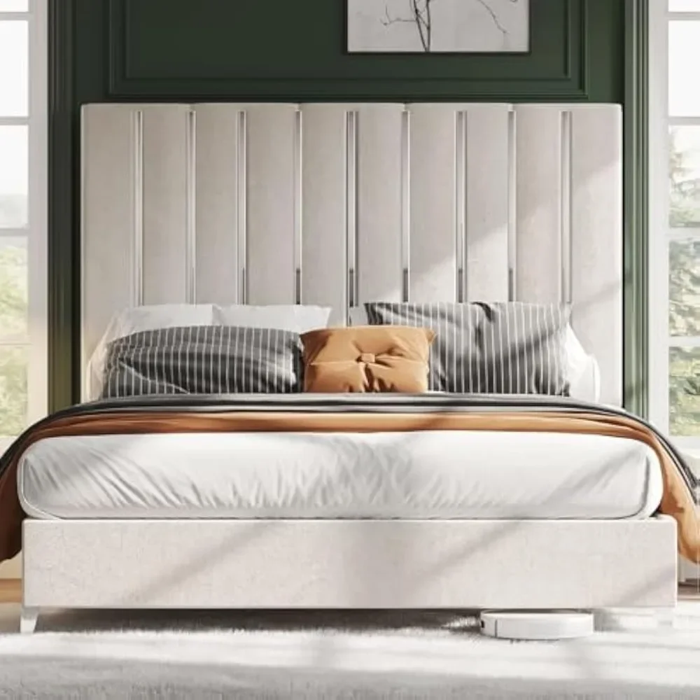 King Bed Frame with 58" Tall Headboard, Velvet Upholstered with Silver Plating Trim,  Sturdy, No Box Spring Needed, Bed Frame 6