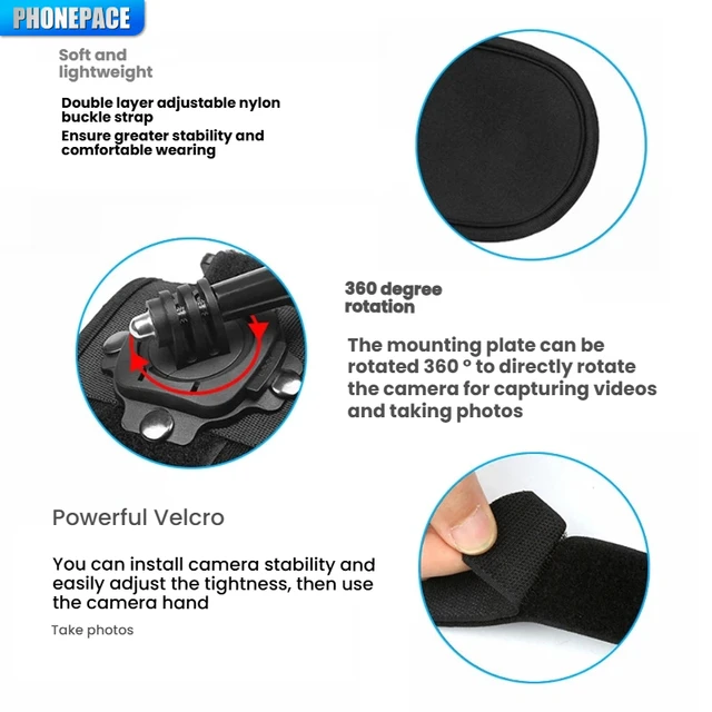 Phonepace 360 degrés Rotation Gopro dragonne bras sangle montage bracelet pour Gopro Hero 10 9 8 5 Xiaomi Yi 4K SJ4000 4