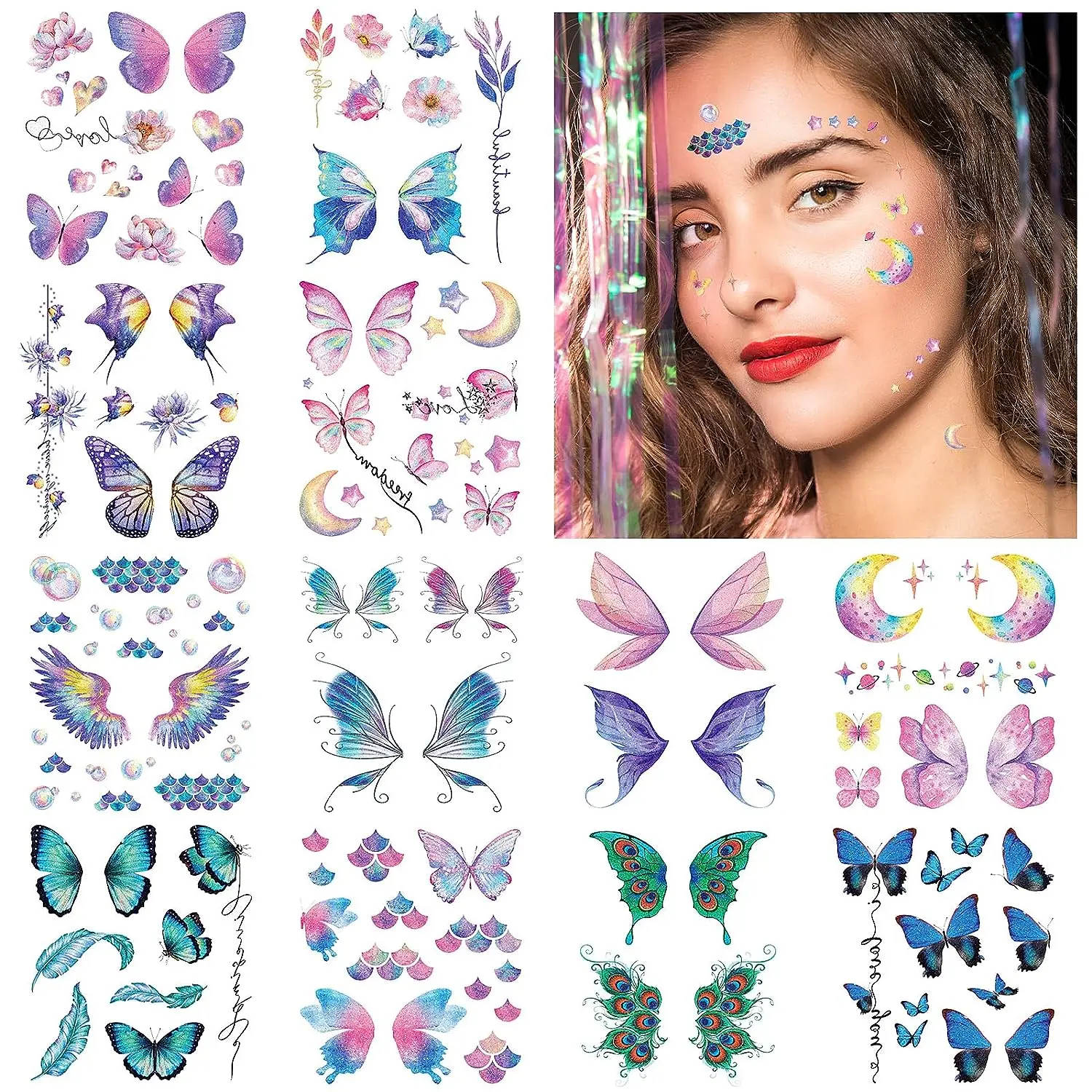 

Face Temporary Tattoos Glitter Butterfly Fake Tattoos Stickers Bling Metallic Freckle Tattoo Art Face Arm Body Sticker for Women