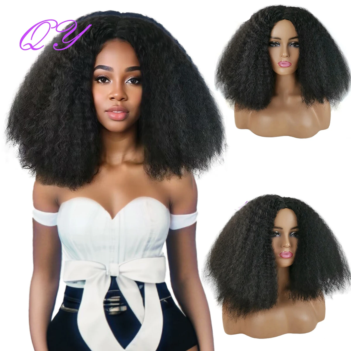 

QY Afro Kinky Curly Black Wig With Middle Part Synthetic Wigs For Black Women Natural Wig