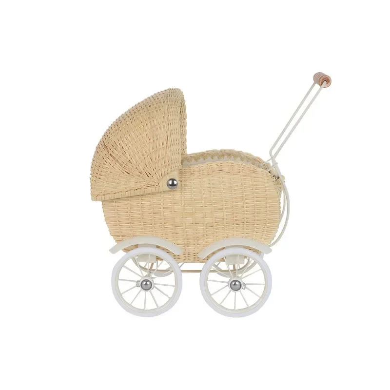 Nordic Rattan Hand-Pushed Walker Baby Hand-Held Walking Four-Wheel Toy Children's Room Decoration Photo Props