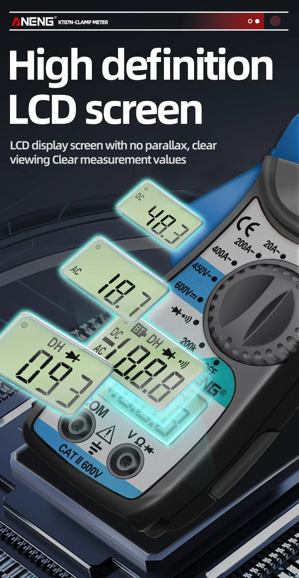 Description Picture 6 of itemANENG KT87N Mini Digital Clamp Meters AC/DC Voltage AC Current 450V True RMS Multimeter Capacitance Electrical Tester Tool
