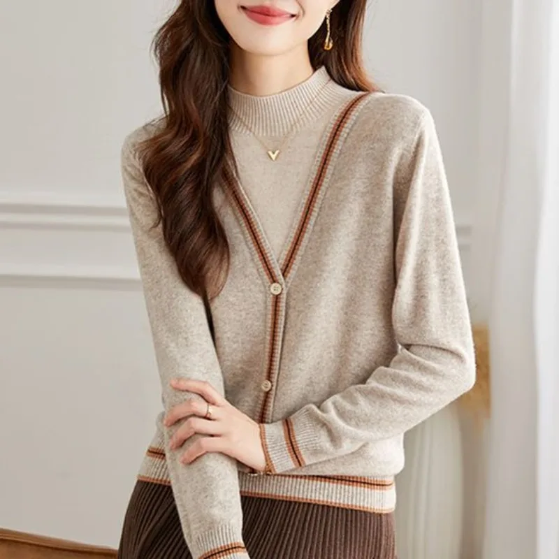 

Autumn Winter Women's Pullover Turtleneck Screw Thread Solid Button Long Sleeve Sweater Knitted Undershirt Fashion Casual Tops