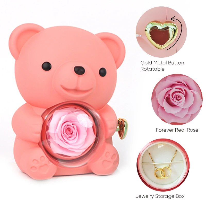 

2024 Hot New Preserved Flowers Rose Roating Hugging Bear Jewelry Gifts with Two 2 Ring Engraved Name Necklace for Women Girl