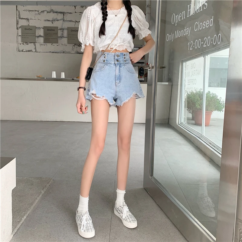 bape shorts Fashion Denim Shorts Female Summer High Waist A-line 2021 New Retro Hole Design Sense Tide Women's Shorts Wide-leg Pants cargo shorts