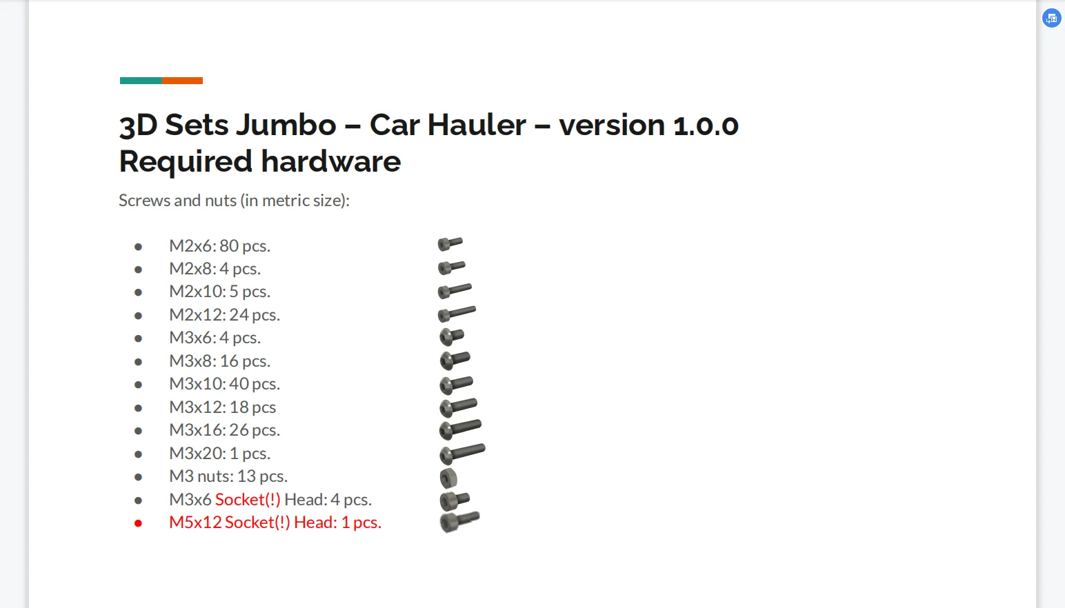 3DSets Befestigungen Schrauben und Muttern für Auto Hauler V 1.0.0 3D Sets RC Auto Erforderlich Hardware