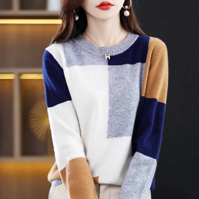 Tanio Swetry damskie jesienno-zimowa modna, patchworka płaszcze casualowe swetry damskie