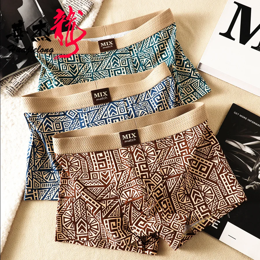 جديد القطن ملابس داخلية للرجال منتصف الخصر سلس حجم كبير تنفس المطبوعة سراويل شريط العرقية نمط السروال سراويل بوكسر