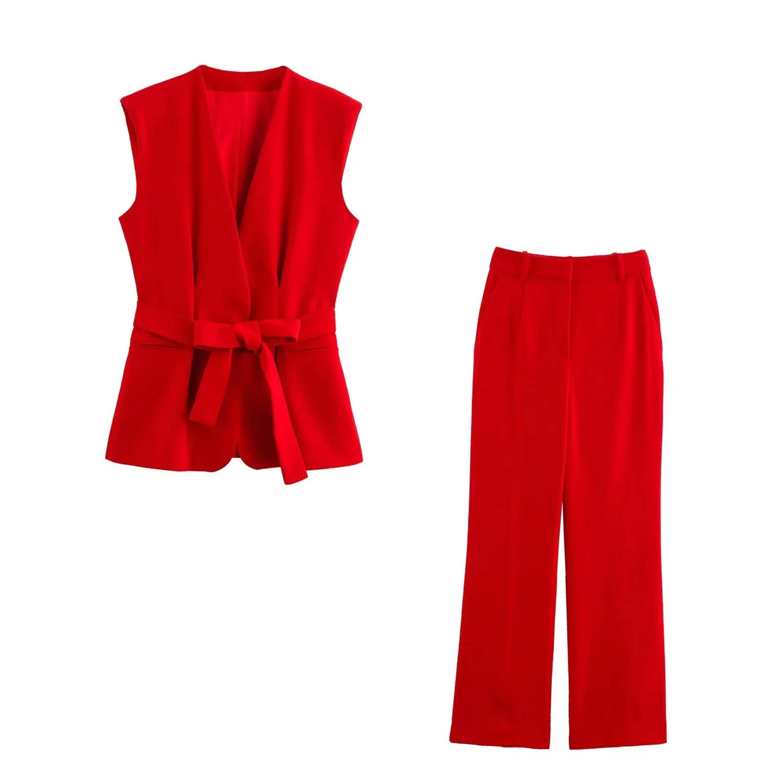Lady Chic Red Vest Blazer Suit V Neck Sashes Sleeveless Blazer High Waist Wide Leg Pants Fashion Summer Sets