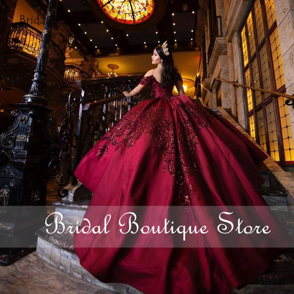 Burgundy Quinceanera Dresses Pocket Sequins Applique Off Shoulder Sweet 16 Dress Vestido De 15 Anos Ball Prom Gowns