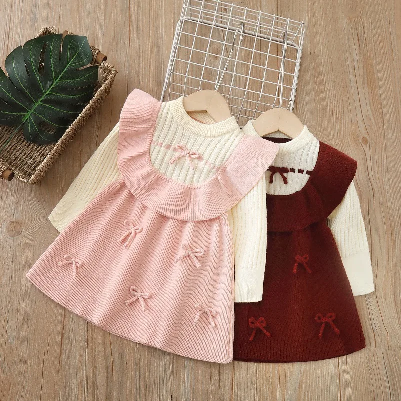 Girls Knit Sweater Dress with Bow Decoration for Kids