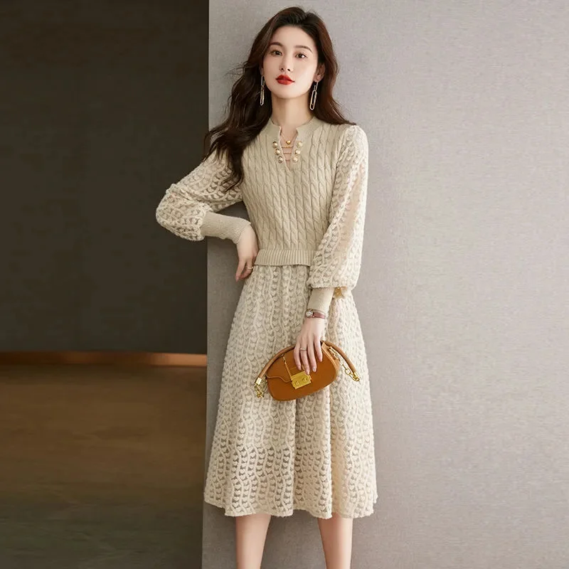Autumn and Winter Woolen Dress New Women's Knitted Elegant Fashion Style Splicing Skirt Slim fit Medium length Dress for Outwear