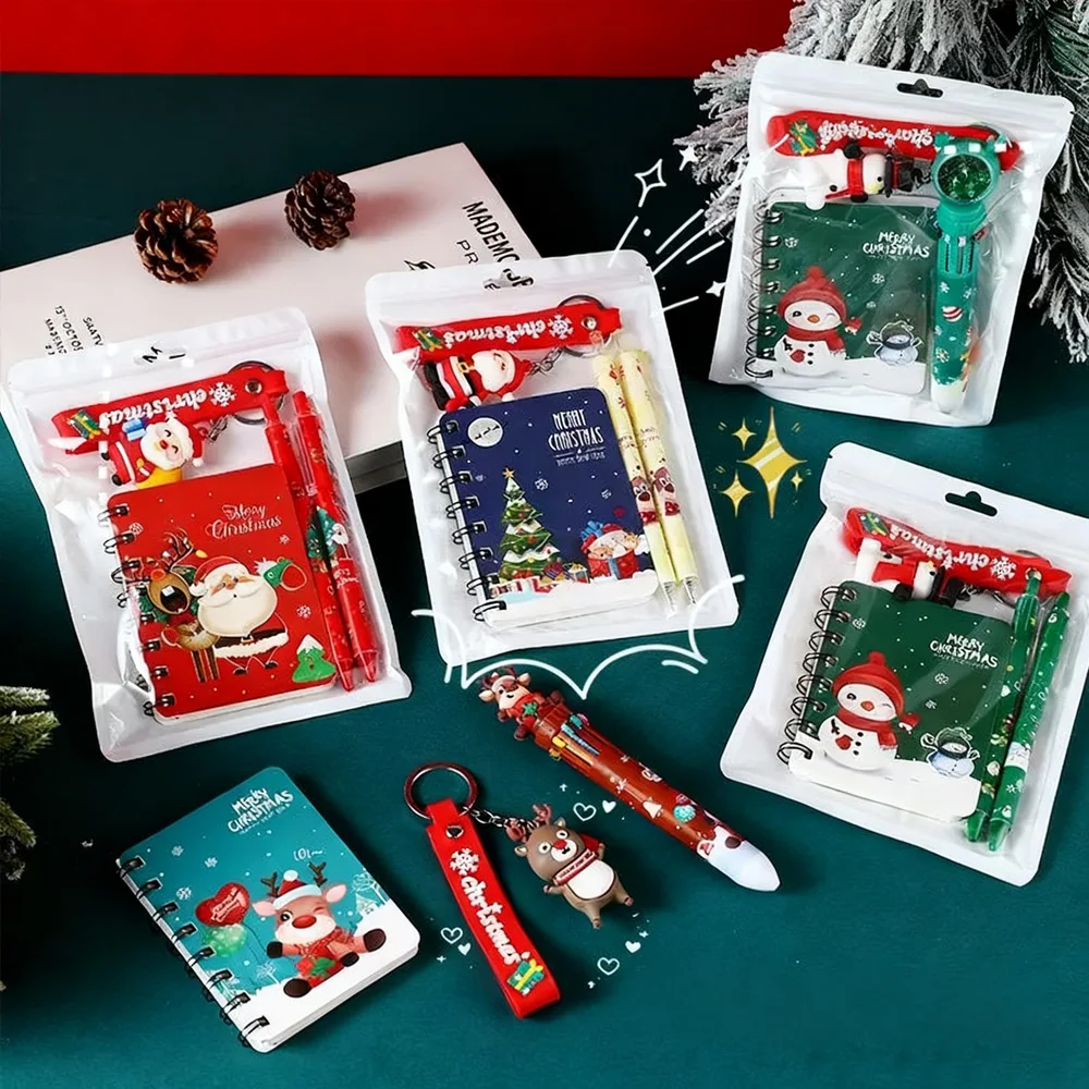 Festive Holiday Stationery Gift Set - Notebook, Gel Pen, and Christmas Keychain with Santa Snowflake Design