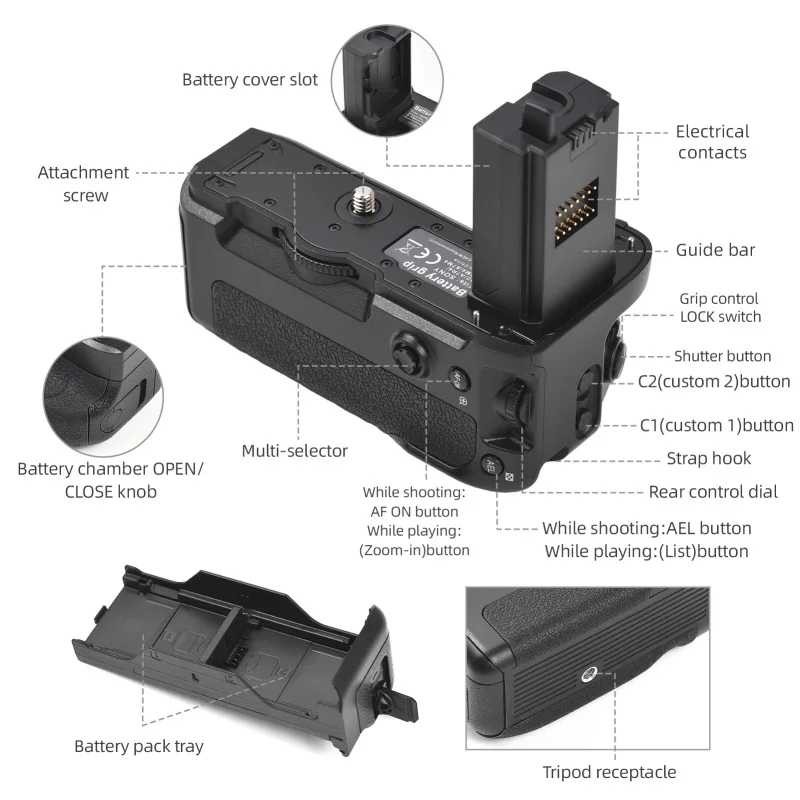 VG-C4EM Vertical Battery Grip Holder with Dual Battery Slots for Sony A9Ⅱ/ A7R4/ A7M4/ A7RM4/ A1/ A7SⅢ/ A7RⅣ/ A7RV/ A7RMV camera battery handle grip