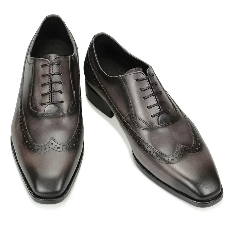 Formal Shoes Male 38-47 Handcrafted Luxury Men Dress Shoe Genuine Leather Wingtip Grey Brogue Lace-up Classic Style Comfortable