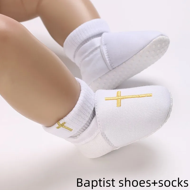 Babies Baptism Shoes Comfortable Breathable Shoes Embroidery Cross Chapel Soft Soles 0-18 Months White For Boy And Girl