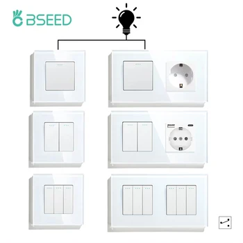 BSEED 1/2/3Gang สวิตช์ผนัง 2Way บันไดสวิตช์ไฟ PLUS Type-C ซ็อกเก็ต USB EU มาตรฐานแผงกระจก 1