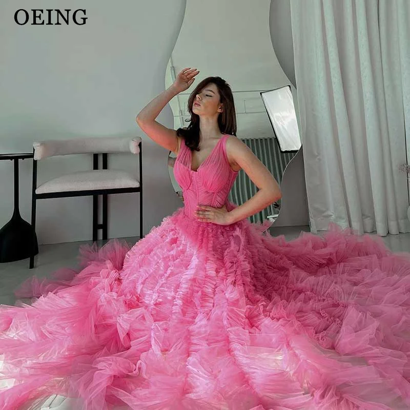 

OEING Hot Pink Prom Dress Elegant V Neck Ruffles Tulle Tiered Luxury Evening Dresses Formal Occasion Gowns Vestidos De Fiesta