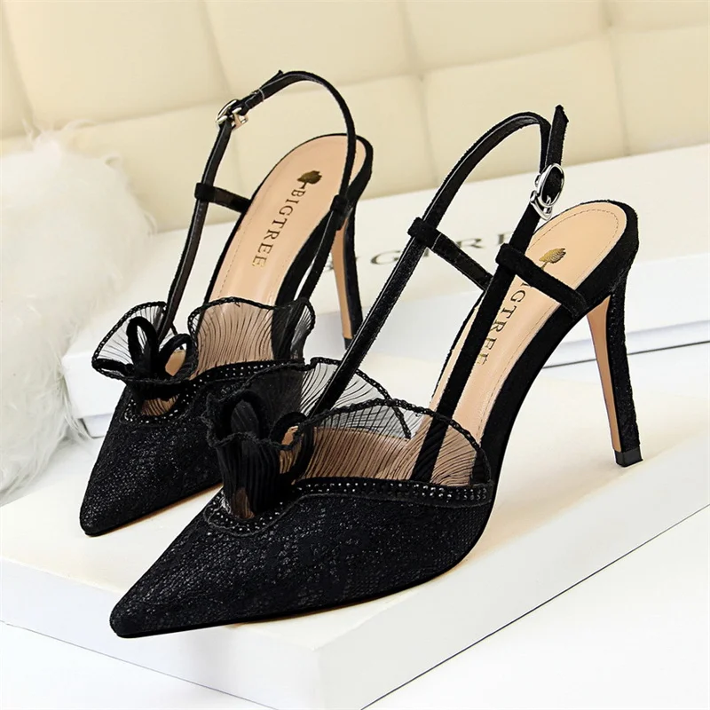 Women Thin High Heels Lace Hollow Mesh Pointed Toe Sandals Summer Fashion Elegant Green Silver Rhinestones Slingback Shoes