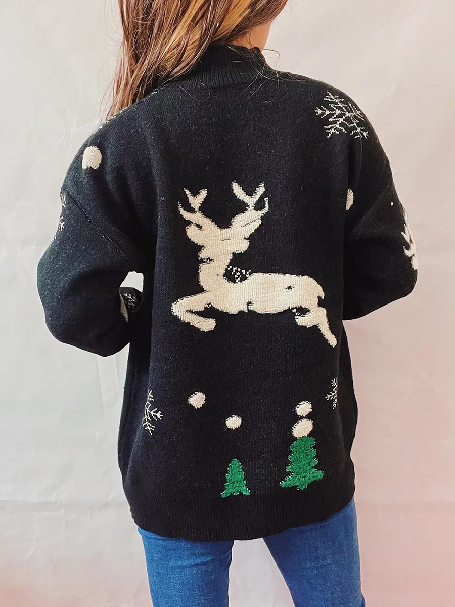 Women s Pullover Sweater with Reindeer and Snowflake Designs Cozy Mock Neck Knitwear for Winter Holidays Red Black Sizes S-XL