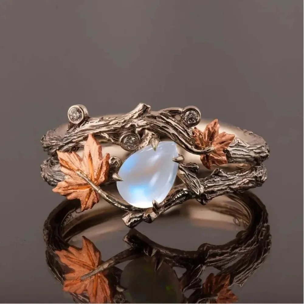 Moonstone Ring Bohemian Style Alloy, Adjustable Size for Daily Wear or Party Vintage Maple Leaf  Gift