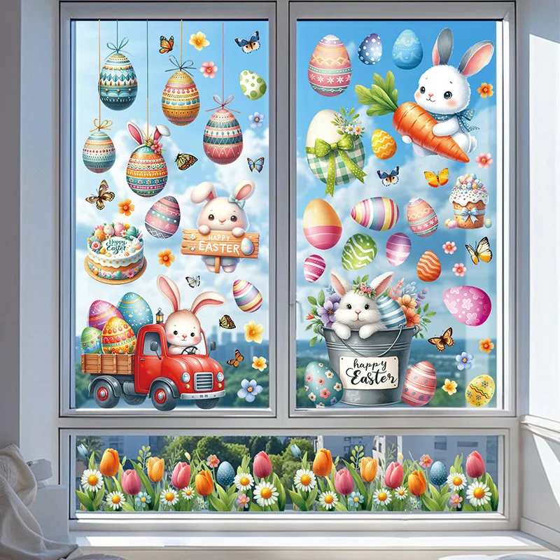 Easter Window Stickers Easter Wall Sticker Kids Room Wall Decals Cute Rabbit Eggs Carrot Decorations for Spring Party Stickers